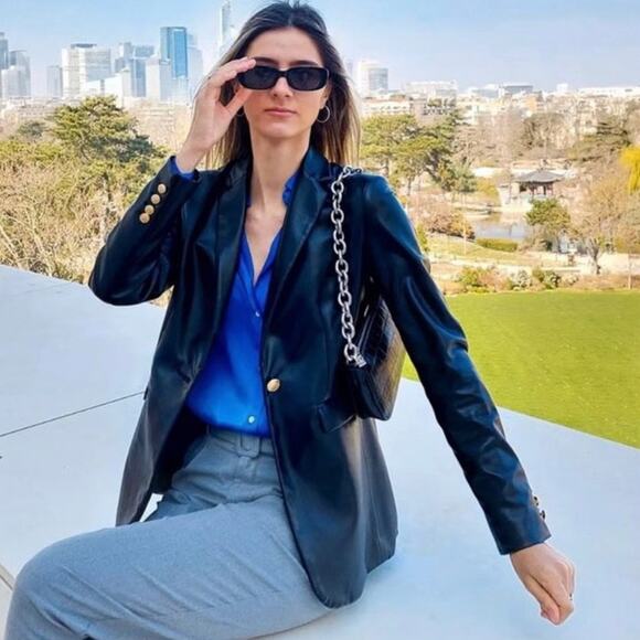 Zara Black Faux Leather Blazer With Gold Buttons. Blogger Fave. Like New. - Picture 14 of 16